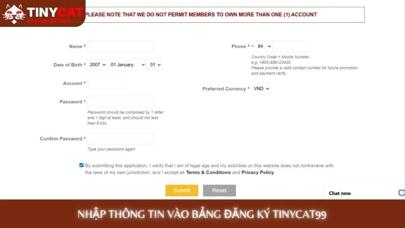 Nhập thông tin vào bảng Đăng ký Tinycat99