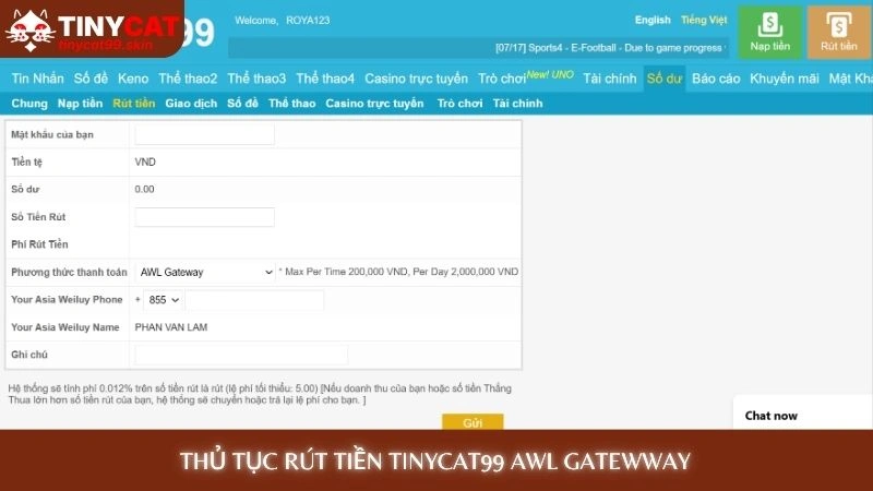 Thủ tục Rút tiền Tinycat99 AWL Gatewway